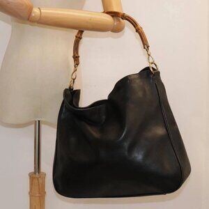 GUCCI Bamboo Hand Bag Leather Black Gold Auth